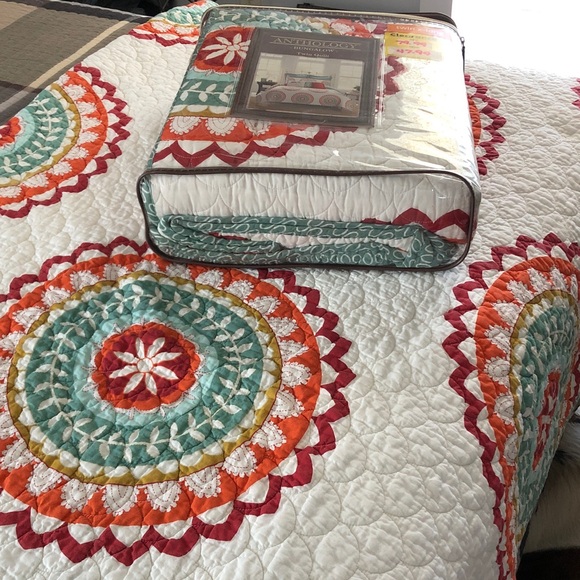 Vibrant NEW Mandala Quilt Set with Red Orange and Teal Patterns TWO sets